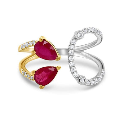 18k mixed yellow and white gold ring with two pear rubies and diamond accents