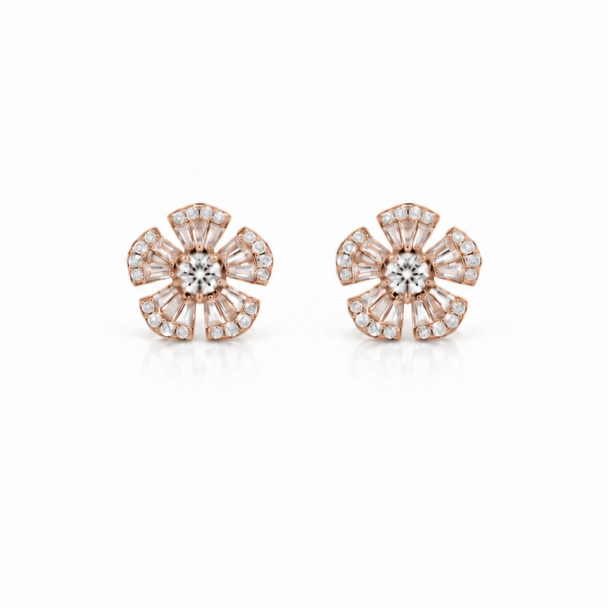 18k rose gold five-petal stud earrings with 72 baguette and round diamonds, 0.63 ct