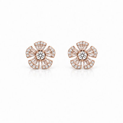 18k rose gold five-petal stud earrings with 72 baguette and round diamonds, 0.63 ct