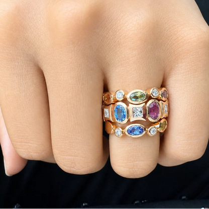 18k rose gold ring with multicolor sapphires and diamonds