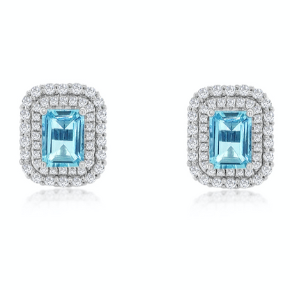 18k white gold aquamarine stud earrings with double halo of diamonds (1.83 cts aquamarine, 0.88 cts diamonds)
