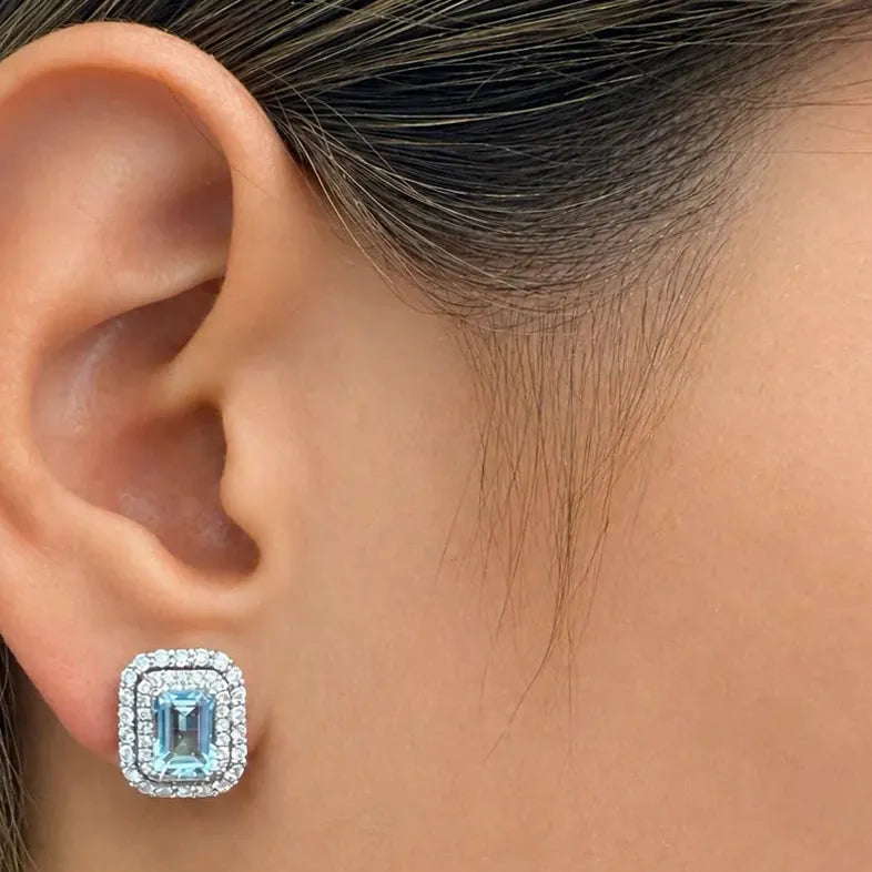 18k white gold aquamarine stud earrings with double halo of diamonds (1.83 cts aquamarine, 0.88 cts diamonds)