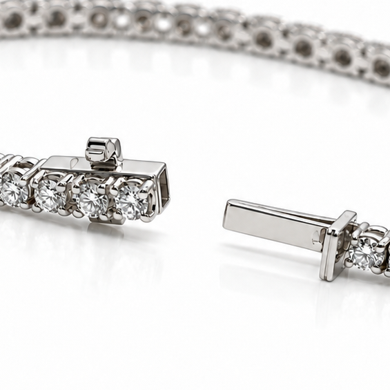 Diamond tennis bracelet in 18k white gold shown fastened