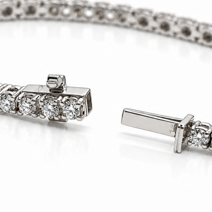 Diamond tennis bracelet in 18k white gold shown fastened
