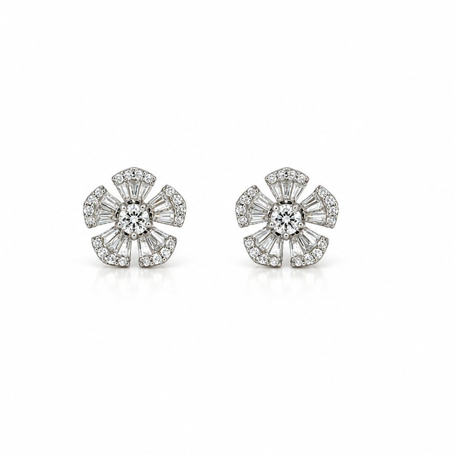 18k white gold five-petal stud earrings with 72 baguette and round diamonds, 0.67 ct