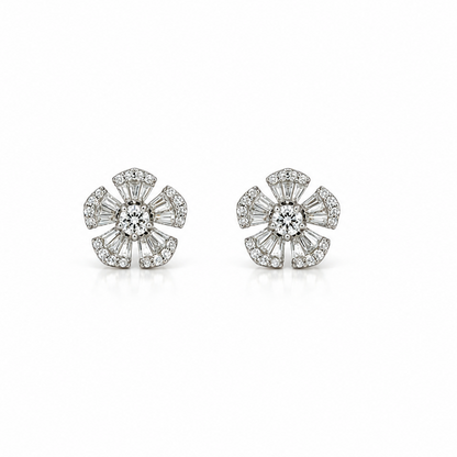18k white gold five-petal stud earrings with 72 baguette and round diamonds, 0.67 ct