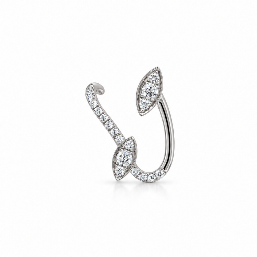 18k white gold ear climber with two marquise diamonds and 16 round diamonds, 0.29 ct total