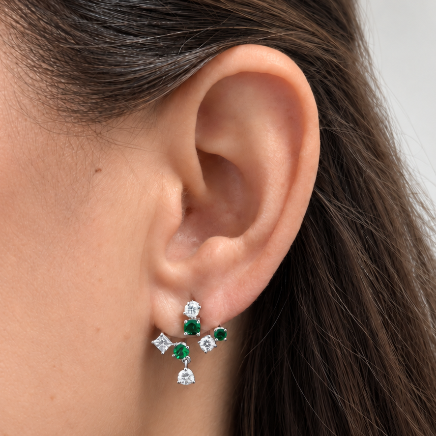Tsavorite and diamond ear jacket earrings in 18k white gold, side view