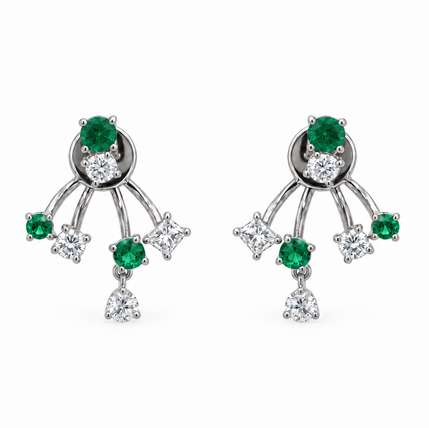 18k white gold triple ear jacket earrings with six tsavorites and 1.00 ct diamonds