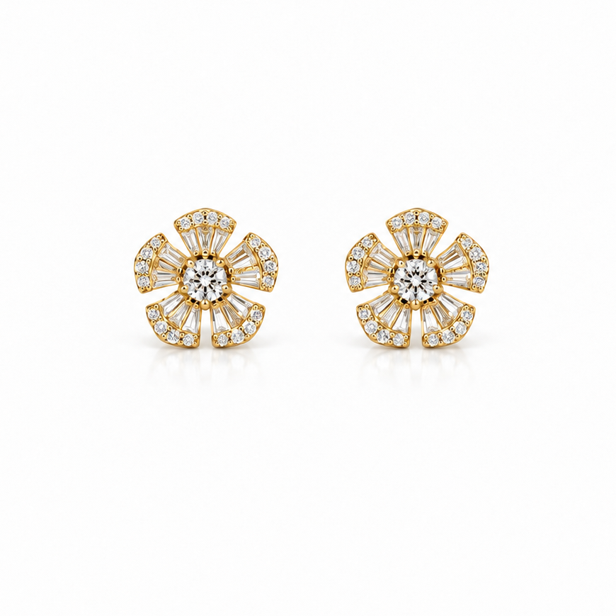 18k yellow gold five-petal stud earrings with 72 baguette and round diamonds, 0.69 ct