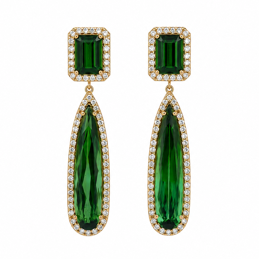 18k yellow gold drop earrings with emerald cut and pear green tourmaline and diamonds