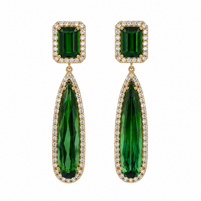 18k yellow gold drop earrings with emerald cut and pear green tourmaline and diamonds
