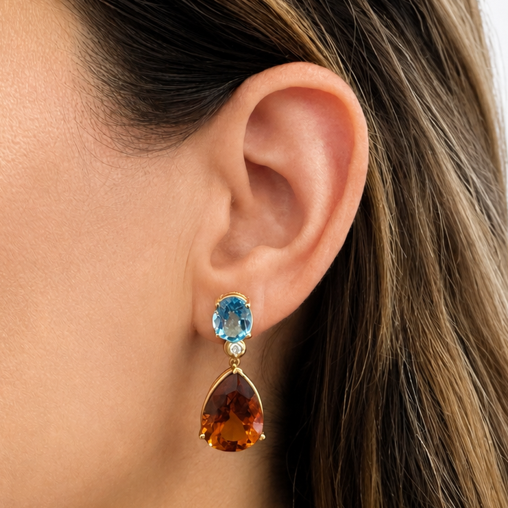 18k yellow gold drop earrings with green tourmaline and pear citrine stones
