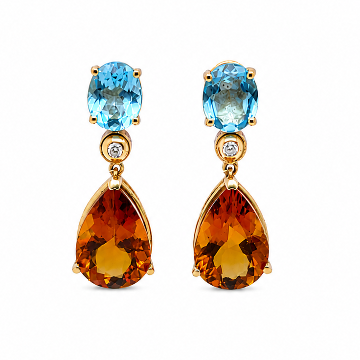 18k yellow gold drop earrings with green tourmaline and pear citrine stones
