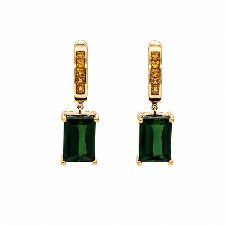 18k yellow gold drop earrings with green tourmaline and yellow sapphires