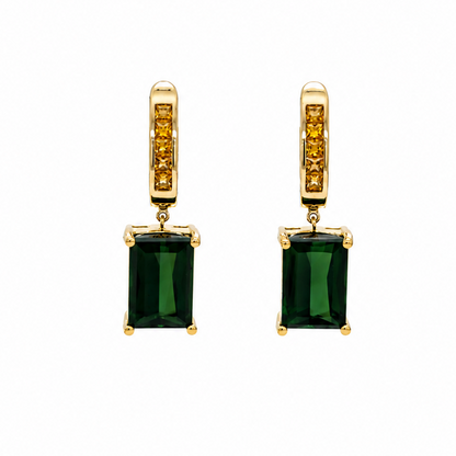 18k yellow gold drop earrings with green tourmaline and yellow sapphires