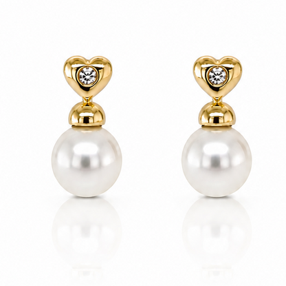 18k yellow gold pearl stud earrings with diamond heart accent