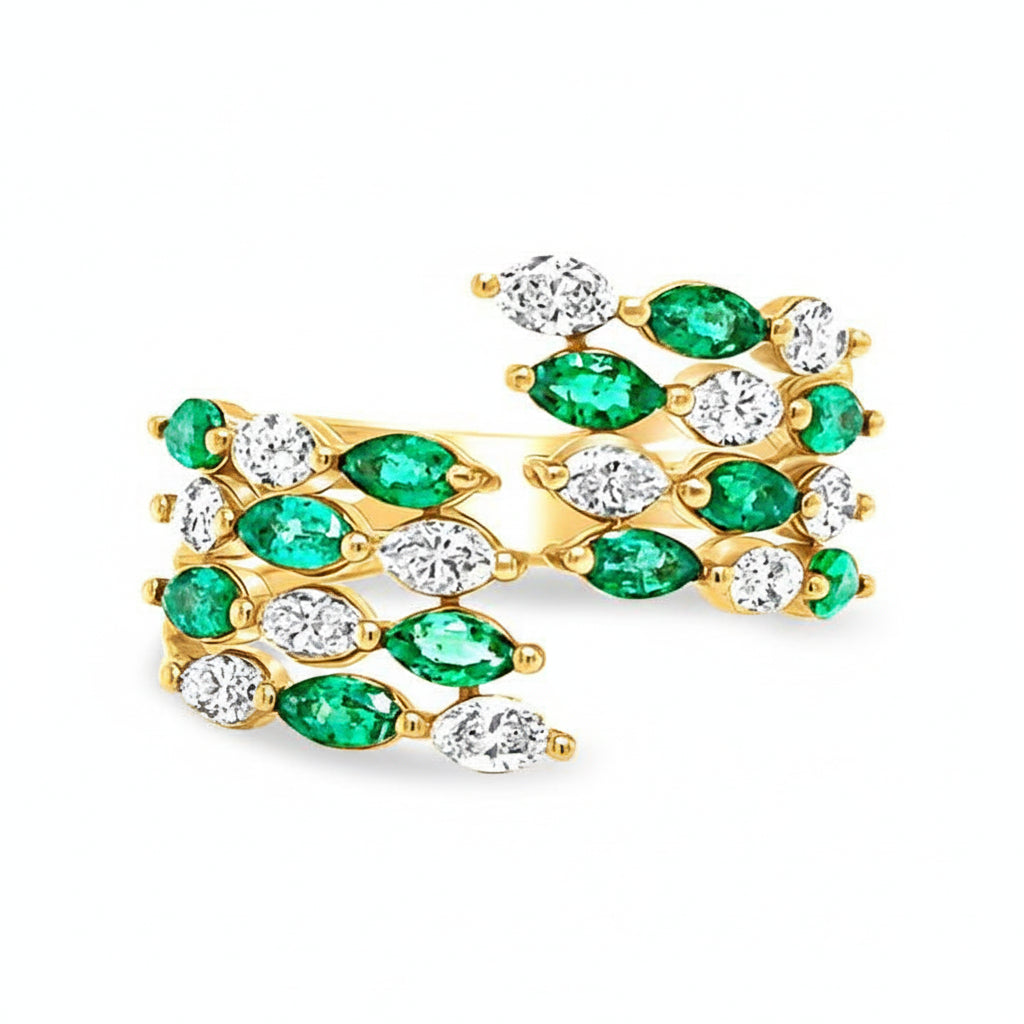 18k yellow gold ring with alternating emeralds and round diamonds band