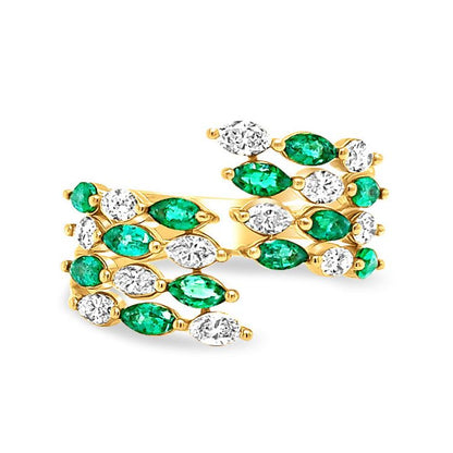 18k yellow gold ring with alternating emeralds and round diamonds band