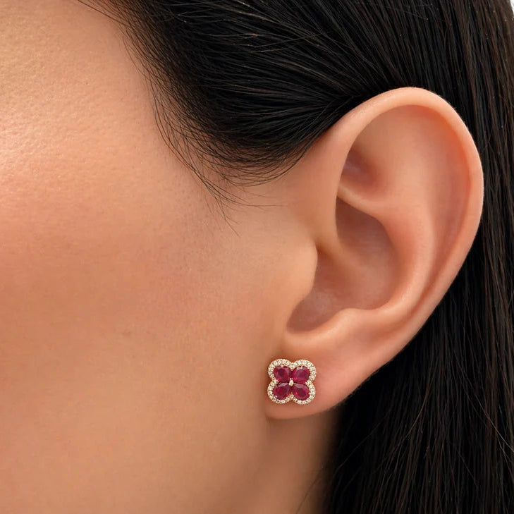 18k gold flower stud earrings with sapphire, rubies, emeralds petals and diamond centers