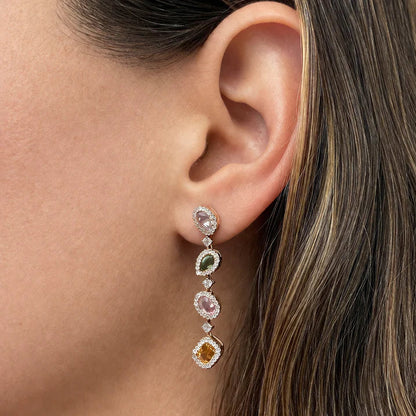 18k rose gold drop earrings with 8 mixed-cut multicolor sapphires totaling 2.78 carats and 120 brilliant-cut diamonds totaling 0.94 carats