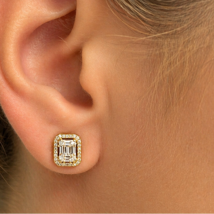 18k yellow gold emerald illusion diamond halo stud earrings by Diamond Tales