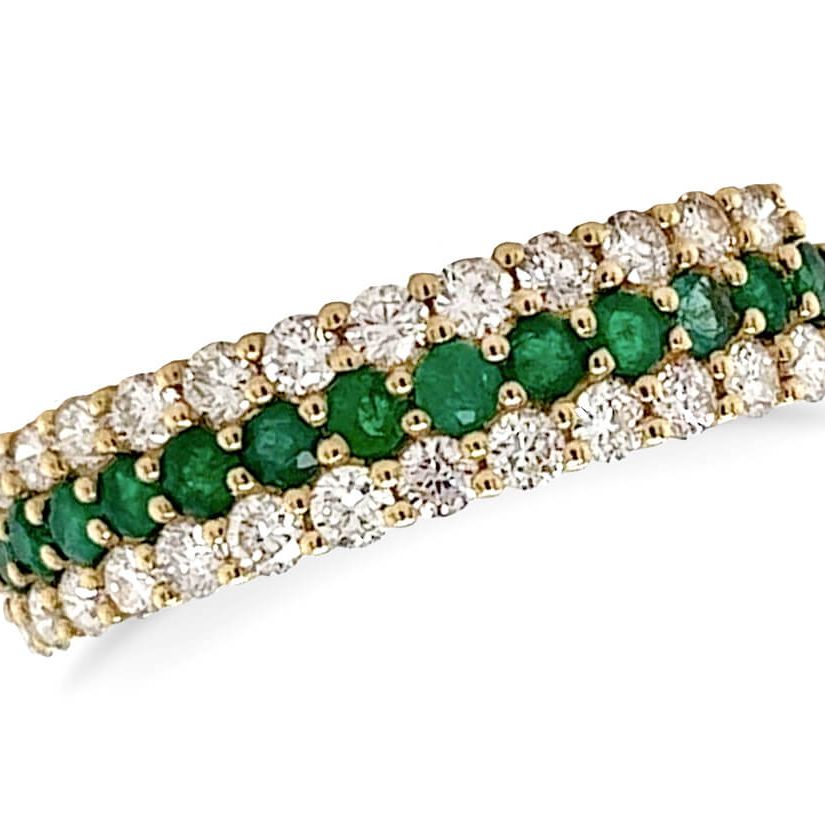 18k gold half band ring with emeralds and round brilliant diamonds by Diamond Tales