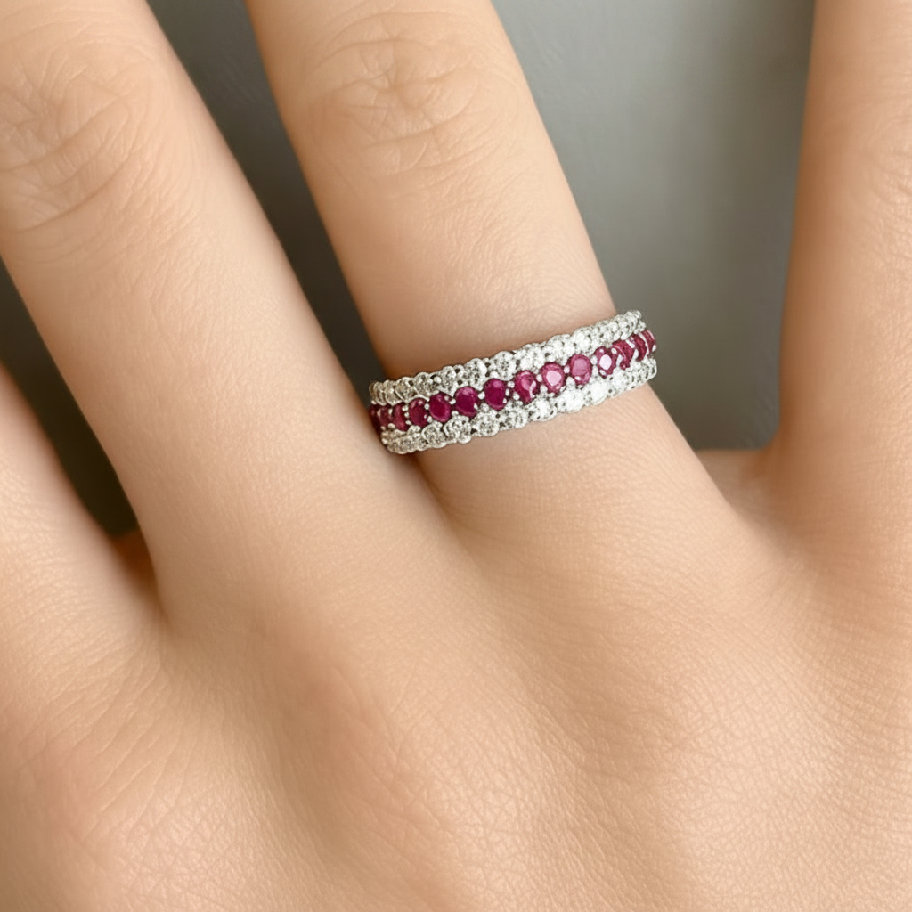 18k gold 3-row band ring with rubies and round brilliant diamonds by Diamond Tales