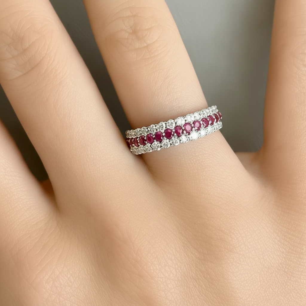 18k gold 3-row band ring with rubies and round brilliant diamonds by Diamond Tales