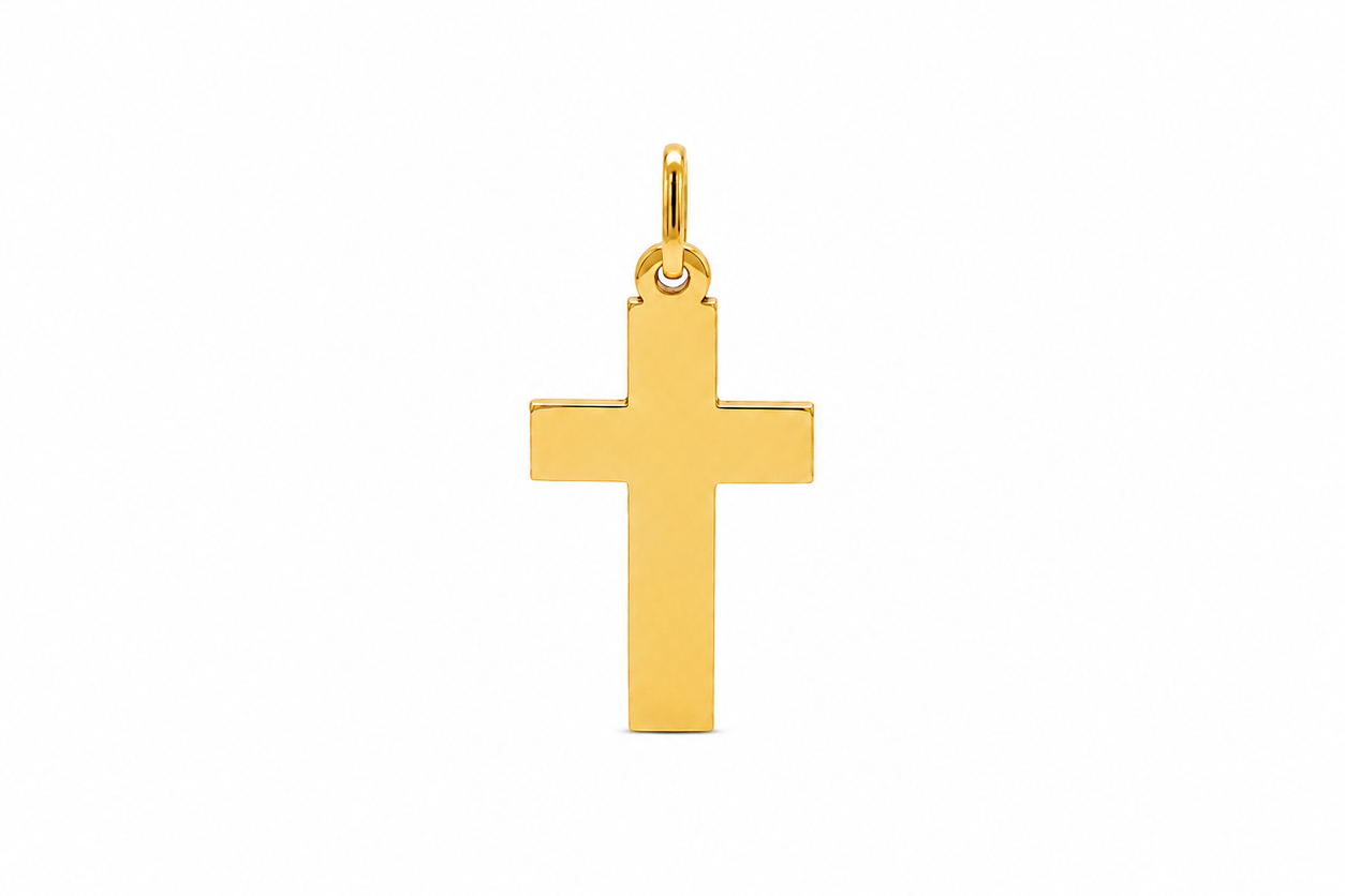 18k yellow gold plain cross pendant, 16 x 28 mm