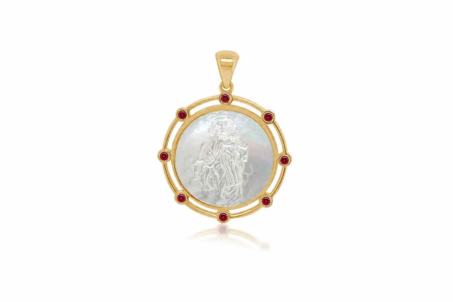 14k gold Our Lady of Mount Carmel medal with mother of pearl and rubies