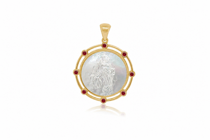 14k gold Our Lady of Mount Carmel medal with mother of pearl and rubies