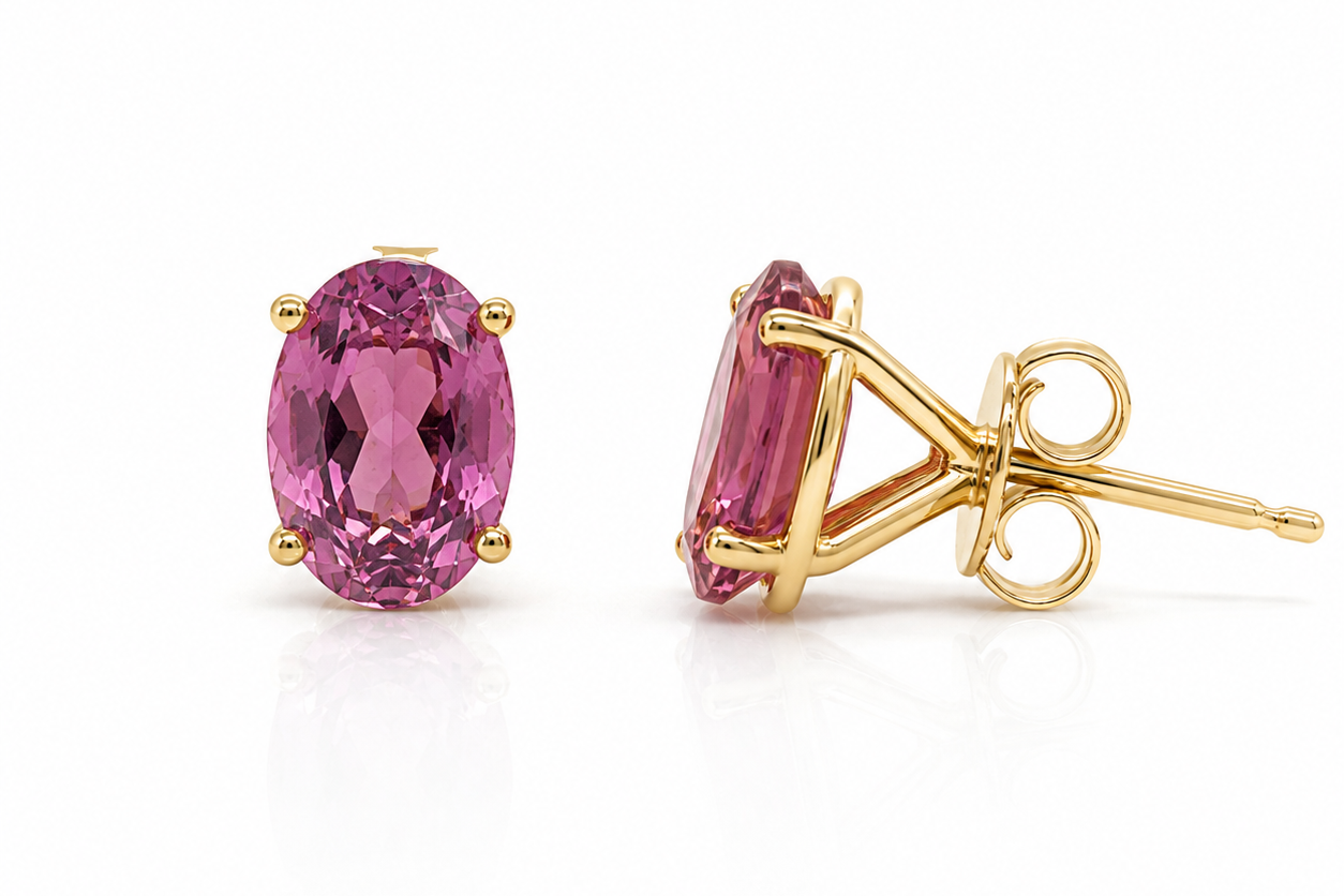 14k yellow gold stud earrings with 1.62 ct oval natural tourmalines
