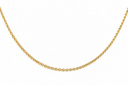 18k gold rolo chain worn at the collarbone, close up