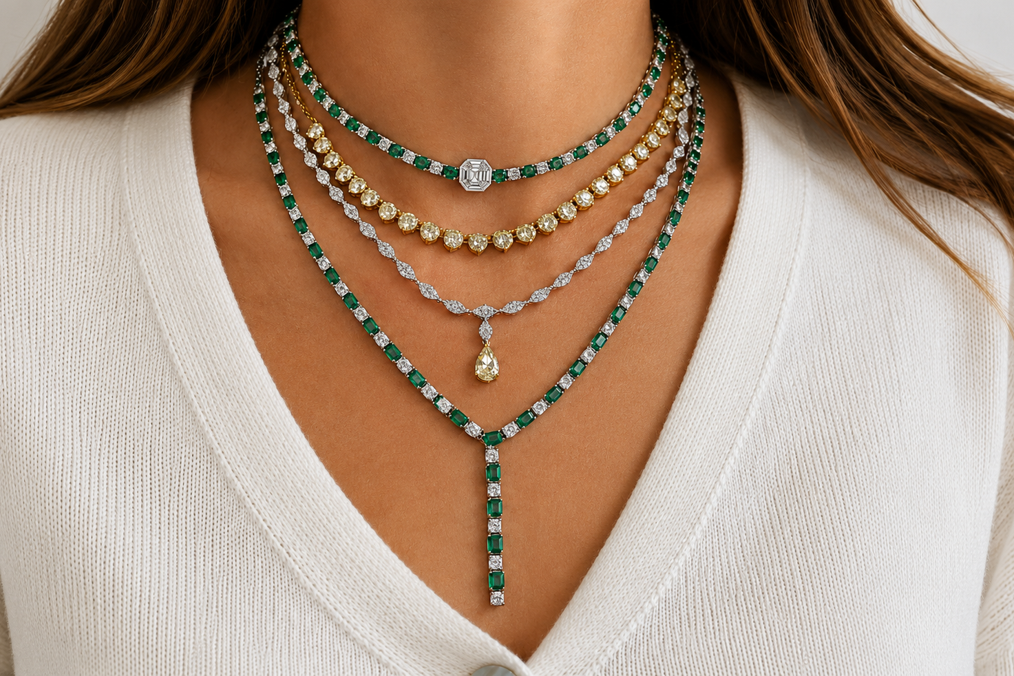 Necklace 14kt Gold Round Emeralds and Diamonds Tennis