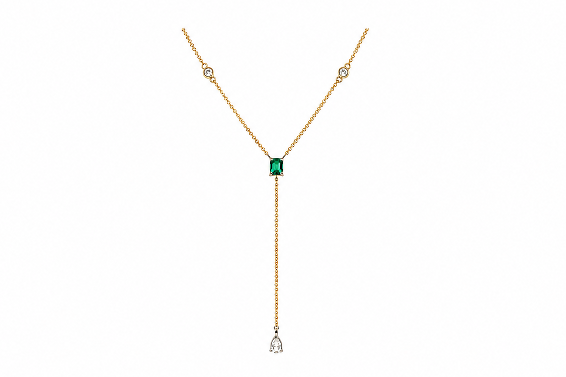 14k yellow gold drop necklace with emerald cut emerald and diamonds
