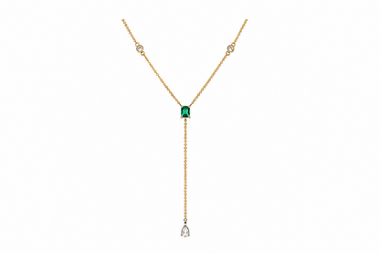 14k yellow gold drop necklace with emerald cut emerald and diamonds