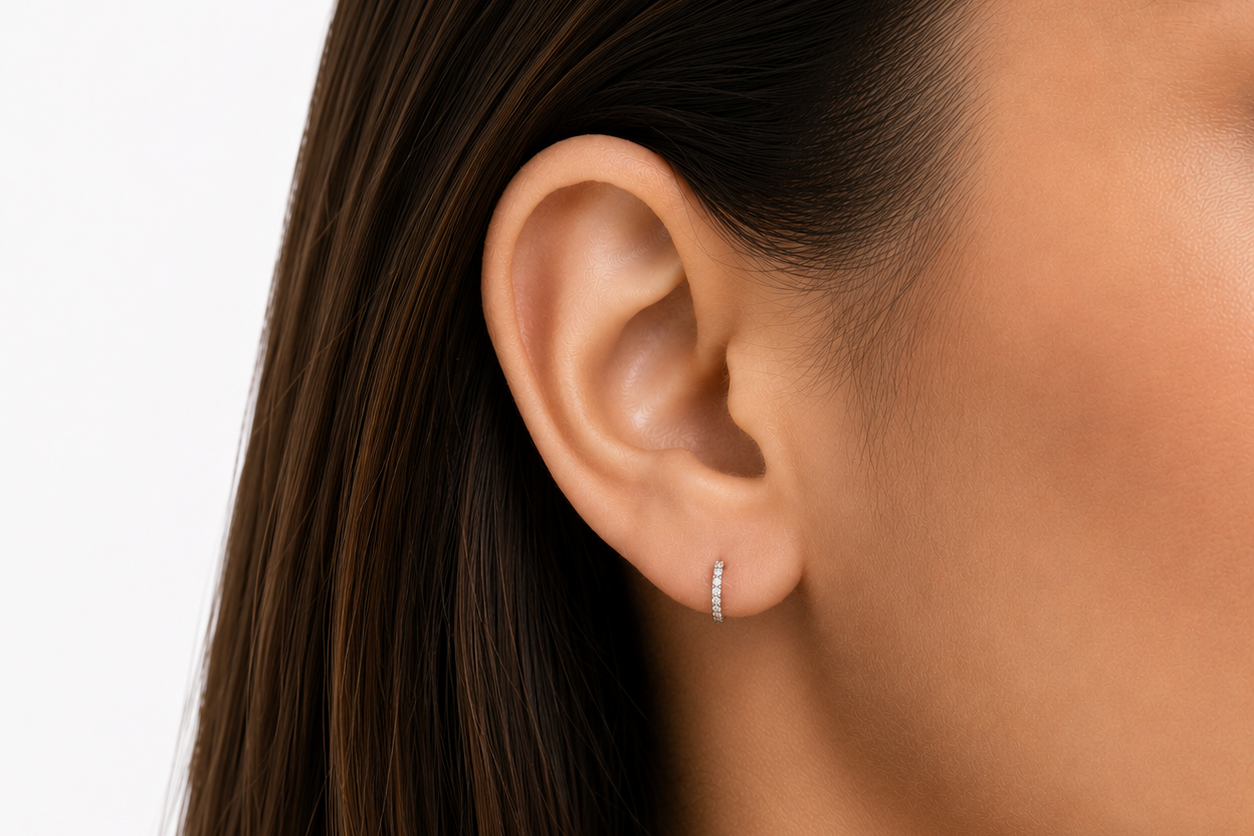 diamond mini hoop earrings in 14k white gold, detail view