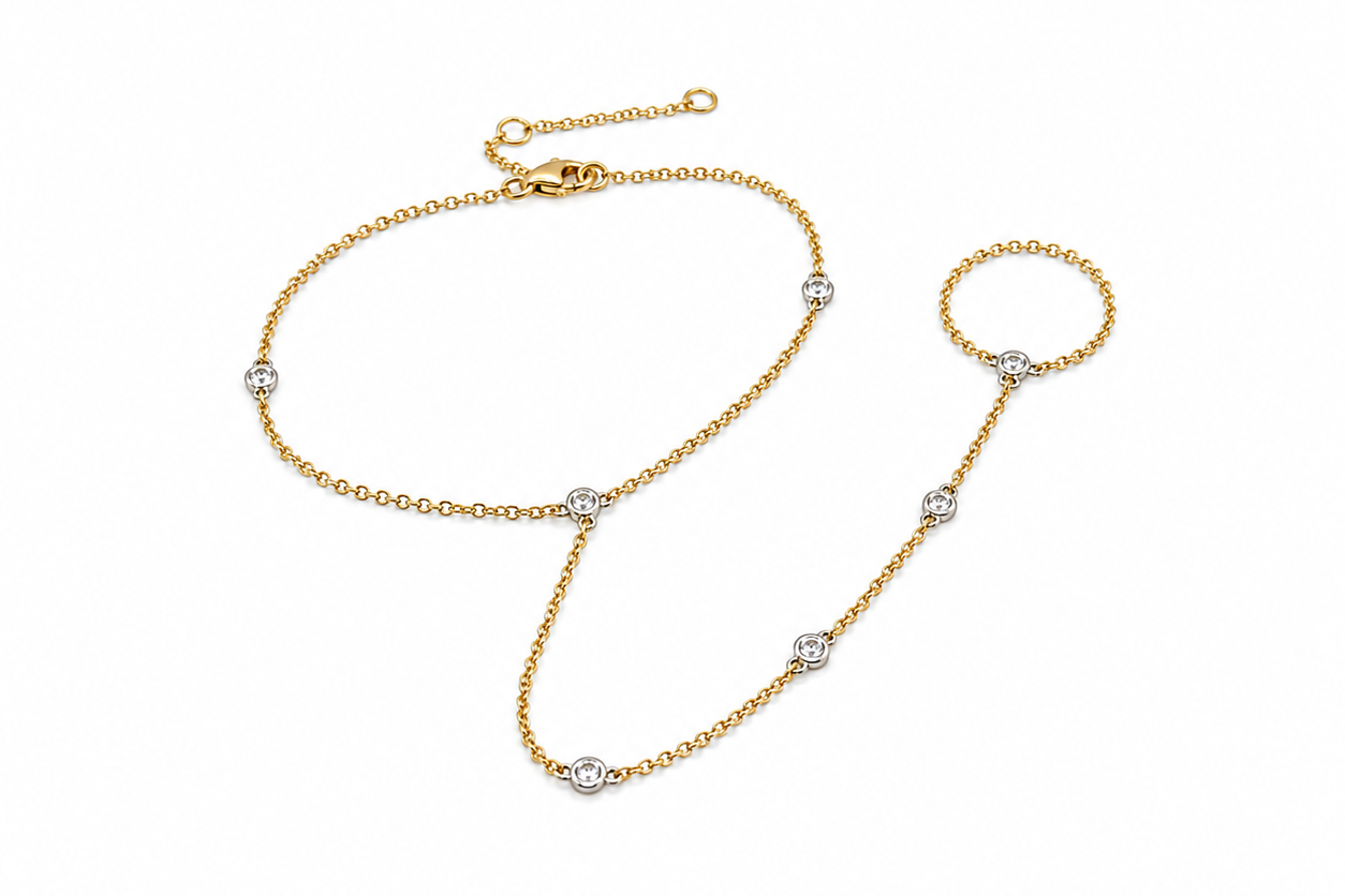 14k two tone gold diamond hand chain bracelet with attached ring
