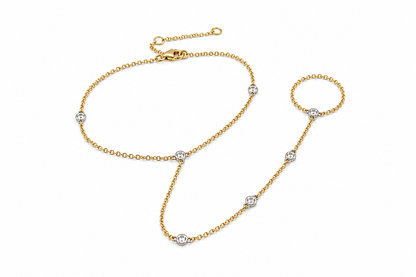 14k two tone gold diamond hand chain bracelet with attached ring