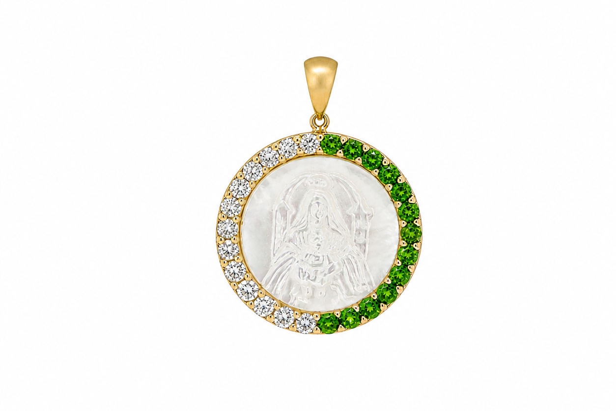14k gold Our Lady of Coromoto medal with mother of pearl, diamonds and tsavorites