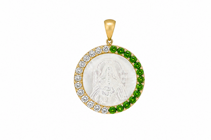 14k gold Our Lady of Coromoto medal with mother of pearl, diamonds and tsavorites
