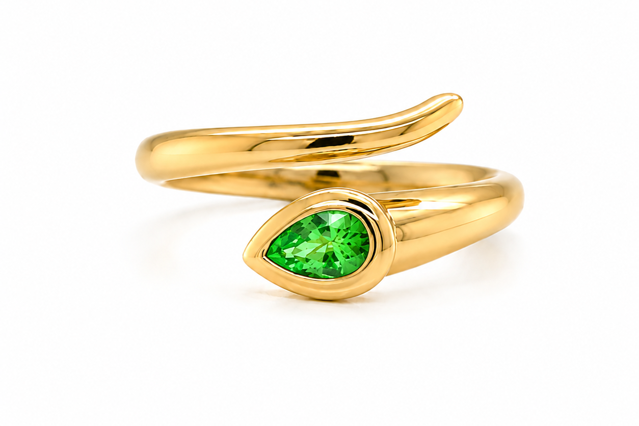 pear shape gemstone stacking rings in 14k yellow gold, worn