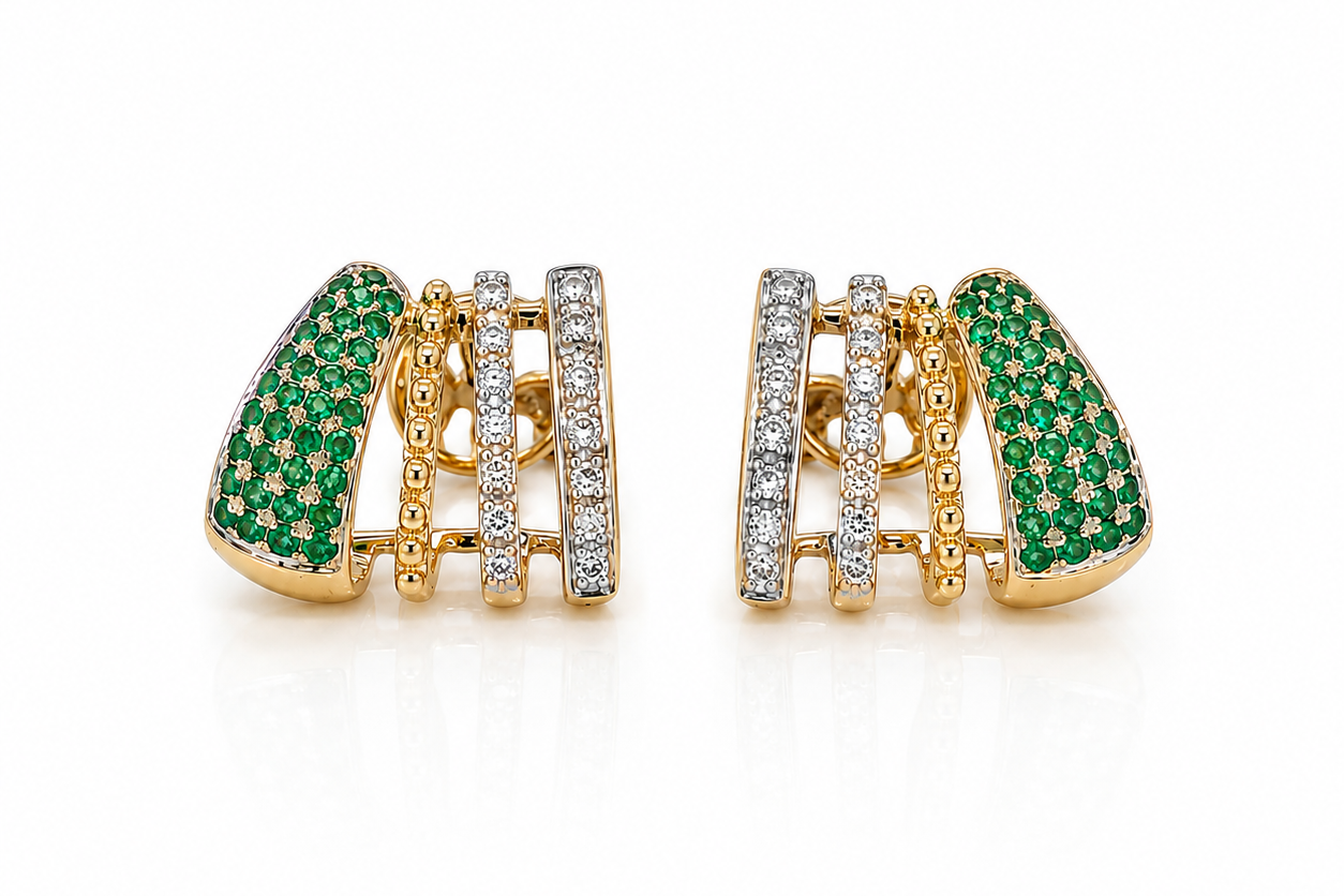 14k two tone gold stud earrings with diamonds and natural emeralds