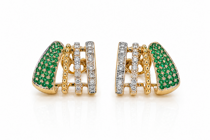 14k two tone gold stud earrings with diamonds and natural emeralds