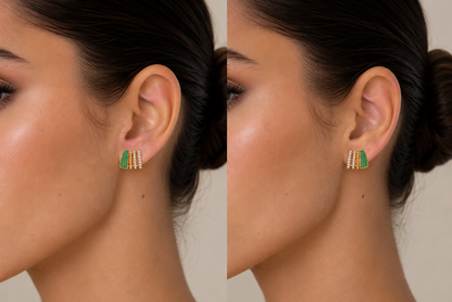diamond and emerald lobe stud earrings in 14k gold, detail view