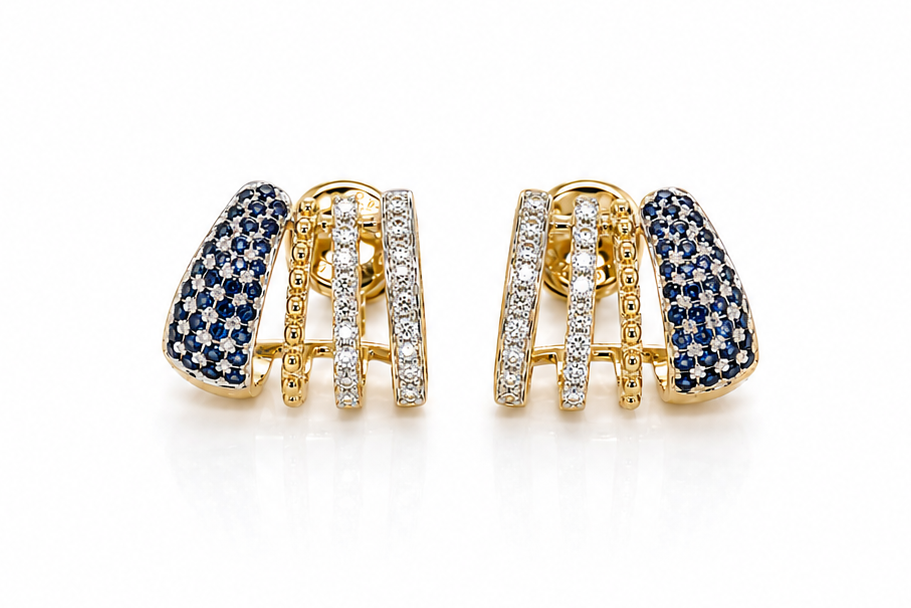 14k two tone gold stud earrings with diamonds and blue sapphires