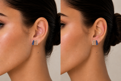 diamond and blue sapphire lobe stud earrings in 14k gold, detail view