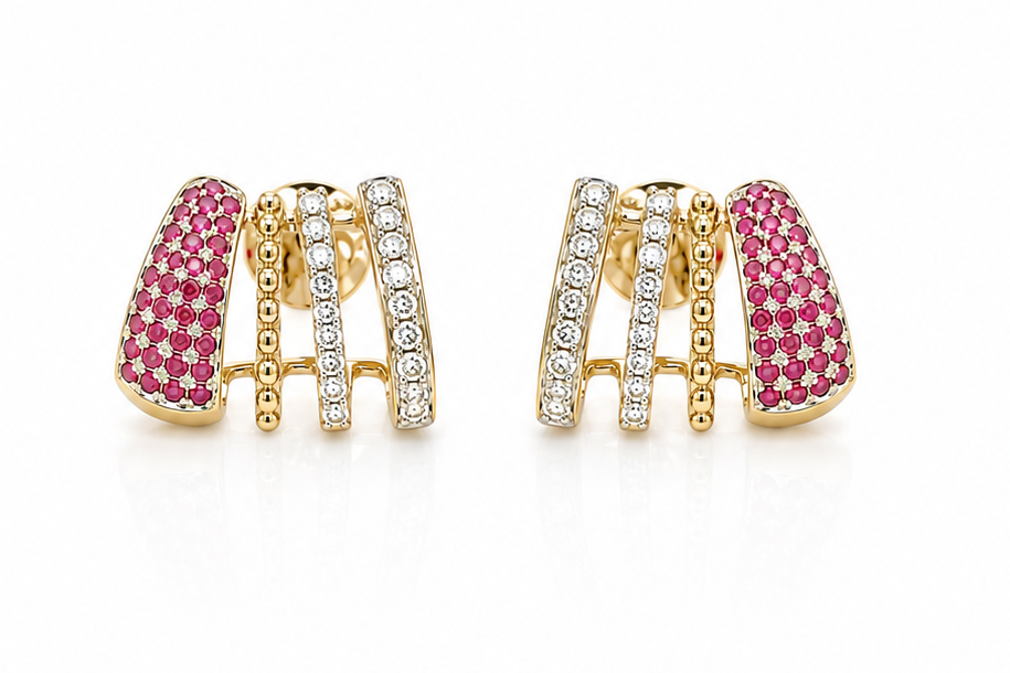 14k two tone gold stud earrings with diamonds and natural rubies