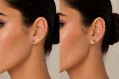 diamond and ruby lobe stud earrings in 14k gold, detail view